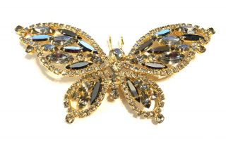 Vtg Juliana D & E Large Dark Gray Gold Tone Rhinestone Butterfly Brooch