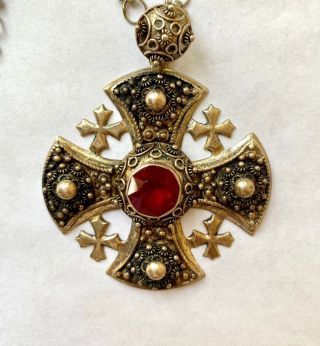 Vintage Sterling 950 Jerusalem Crusader Cross W/ Chain Red Stone Necklace Women