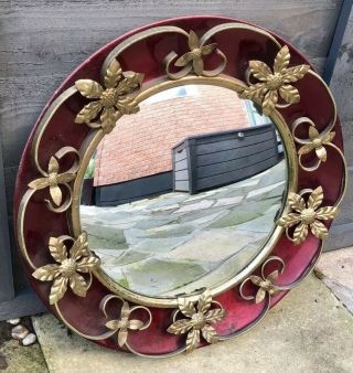 Vintage Gilt Convex Mirror With Ornate Metal & Gilt Flowers