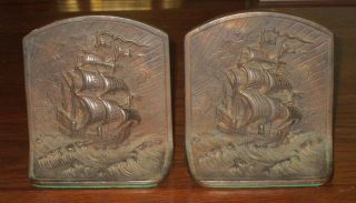 Vintage Bron Met Clipper Sailing Ship Bookends Heavy Cast Metal