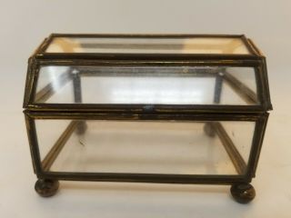 Vtg Glass & Brass Footed Curio Display/trinket Box Four Inches High
