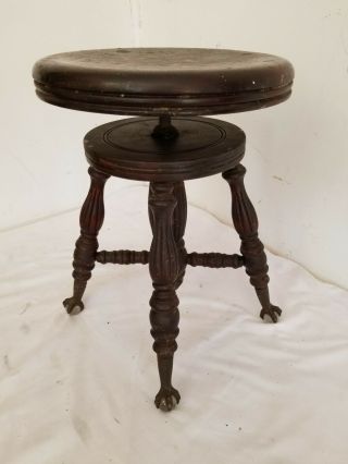 Antique Chas.  Parker Adjustable Piano Stool,  Cast Iron Claw & Glass Ball Feet