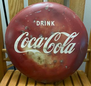 Vintage Coca Cola Metal Button Sign 16 " 1950s