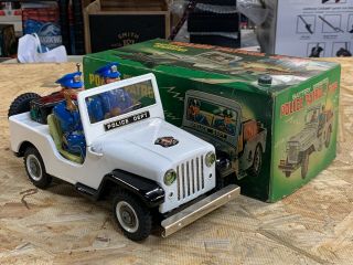 Vintage Nomura Toy Police Patrol Jeep Battery Operated Tin Litho W/ Box Read