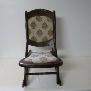 Vintage Wood Wooden Folding Rocking Chair Tapestry Upholstery
