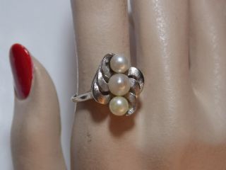 Vintage 10k White Gold Cultured 3 Pearl Etched Bypass Sz 9 Cocktail Ring 5c 61