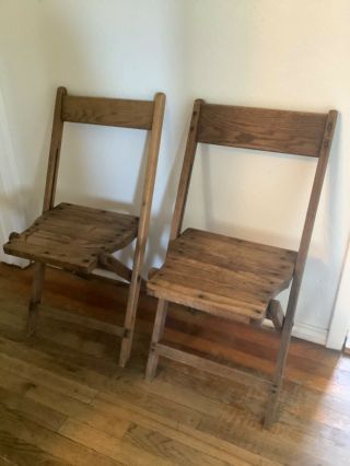 Vintage Antique Wood Oak Wooden Folding Chairs Set Of 2 Pair Slatted