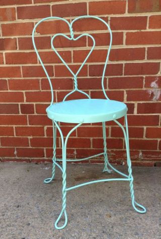Vintage Antique Metal Wrought Iron Patio Ice Cream Parlor Chair Heart Teal