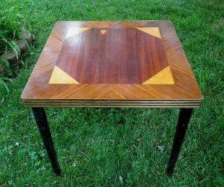 Vintage Wooden Folding Card Table With Inlaid Top
