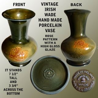 Vintage Irish Wade Hand Made 7 1/2 " Porcelain Vase With Yellow Rose Design