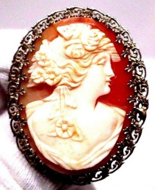 Vintage 14k White Gold Cameo Pin Pendant Hand Carved