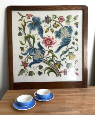 Vintage Jacobean Style Crewel Work Embroidery Panel Botanical Arts & Crafts