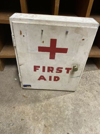 Old Vintage Wooden Medicine Cupboard Wall Cabinet First Aid Box,  13.  5” X 15 5/8”