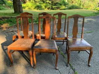 Six Matching Solid Oak Antique Mission/empire - Style Dining Chairs