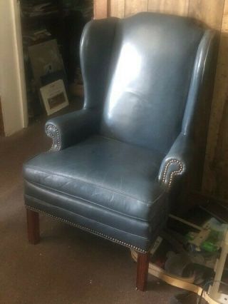 Chippendale Style Blue Leather Wing Back Chair -