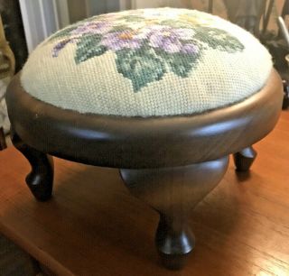 Victorian Style Needlepoint Foot Stool Queen Anne Legs Style Violets Motif