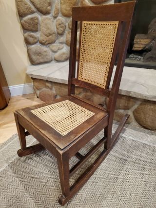 Vintage Antique Solid Wooden Rocking Chair With Cane Seat & Back