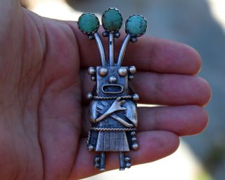 Huge Vintage Navajo Solid Sterling Silver Turquoise Stone Kachina Doll Ring