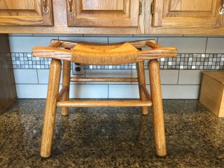 ANTIQUE Mission Oak Solid Wood Rush Seat Stool Bench Ottoman Dowel Construction 2