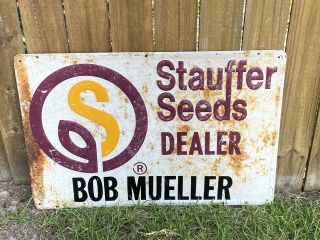 Vintage Stauffer Seeds Seed Dealer Embossed Metal Sign Farm 36” X 24”