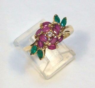 Fine Vtg Estate 14k Yellow Gold Ruby Emerald & Diamond Rose Flower Ring - Size 7