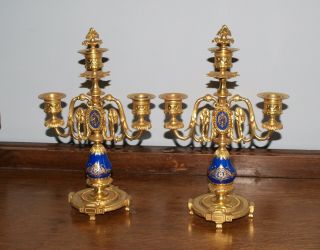 Pair Quality Vintage Gilt Bronze & Sevres Porcelain Three Branch Candelabra