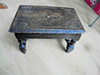 Antique Oak Hand Carved Small Decorative Stool Foot Stool 11 " X 7.  5 " X 7.  5 "