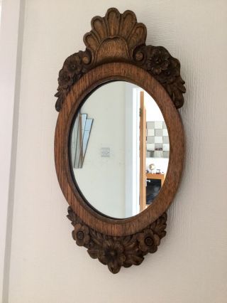 Antique Arts & Crafts Oak Wood Relief Craving Framed Mirror Black Forest C 1910
