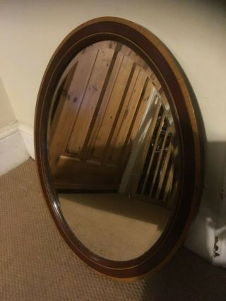 Antique Edwardian Oval Mahohany & Yew Bevel - Edged Wall Mirror Distressed