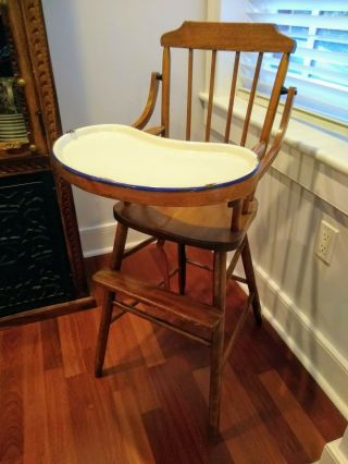Antique High Chair,  Hard - Wood With Removable Porcelain - Metal Tray.
