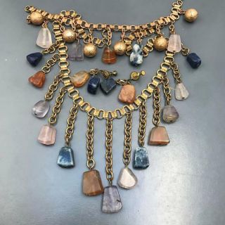 Vintage Art Deco Egyptian Revival Gold Gilded Bib Necklace Bracelet Earrings Set