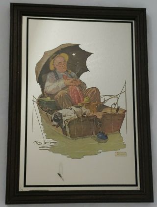 Vintage Norman Rockwell Pictorial Painting On Mirror " Gone Fishing " 8 " X 12 "