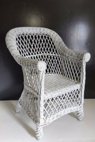 Vintage White Wicker Rattan Over Bamboo Child Chair Shabby Chic Mcm