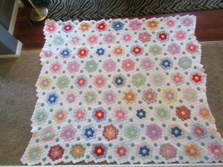 Vtg Grandmother Flower Garden Feed Sack Cotton Grandma Quilt 85x75 Stunning