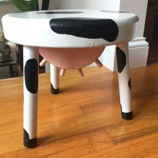 Cow Pattern Milking Stool 3 Leg With Udder Farm Style Plant Stand Small Table