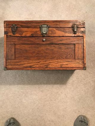 Antique Vtg Oak 5 Drawer Machinist Chest Tool Box W/key - Majestic Tool Chicago