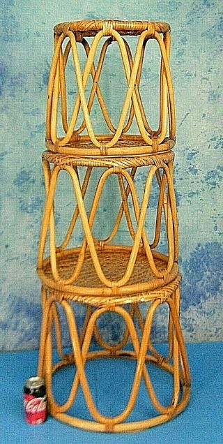 3 Vintage Bent Bamboo Nesting Table Pouf Ottoman Tiki Bar Mid Century Albini