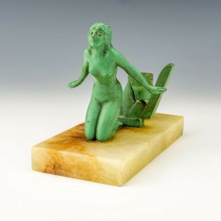 Antique Green Painted Spelter Art Deco Lady Lamp Base - With Italian Marble Base