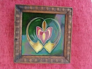 Antique Arts And Crafts Colourful Tile In Carved Oak Frame