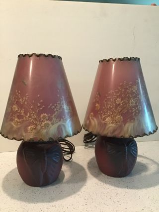 Rare Vintage Matching Pair Van Briggle Butterfly Lamps Flower Shades
