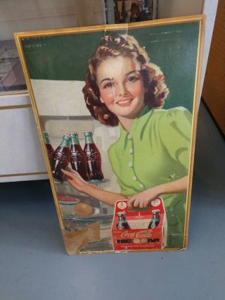 Vintage 1940 Coca Cola Cardboard Soda Pop Sign Girl 6 Pack Snyder & Black Litho