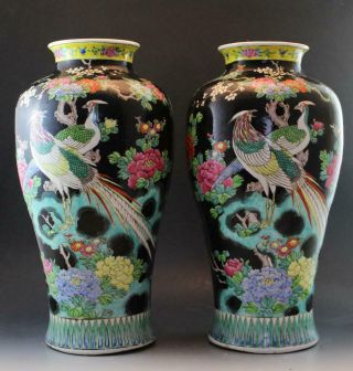 Vintage Pair Chinese Porcelain Floor Vases Black W/ Phoenix Birds & Flowers