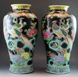 Vintage Pair Chinese Porcelain Floor Vases Black w/ Phoenix Birds & Flowers 2
