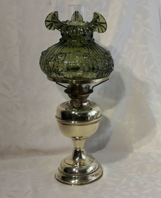 Vintage Antique Duplex Brass Oil Lamp With Glass Chimney And Ornate Green Shade.