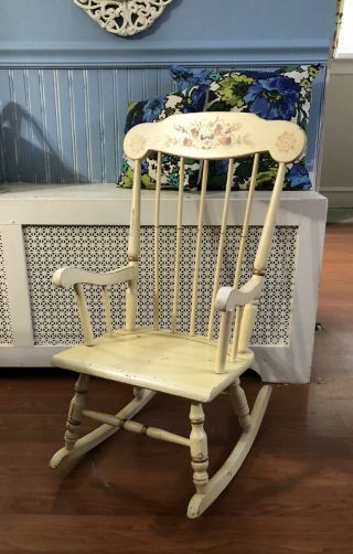 Vintage Child Solid Wood Rocking Chair Hand Painted Acorns Leaves Cream Gold