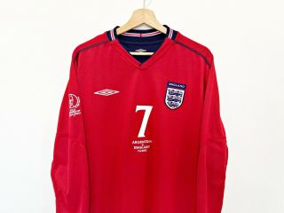 2002 WC BECKHAM 7 England Vintage Umbro LS Away Football Shirt (XL) Argentina 3