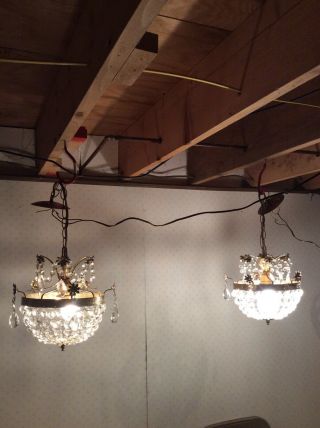 Pair Antique/vintage Basket Style Hanging Chandeliers W/crystal Prisms
