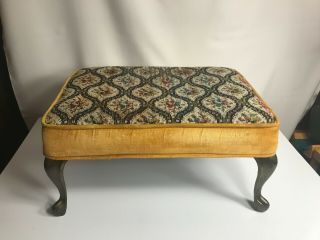 Vintage Tapestry Gold Velvet Footstool With Metal Legs Ottoman Victorian