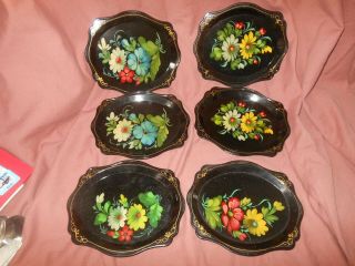 6 Vintage Soviet Russian Hand Painted Floral Black Plastic Trays Platters