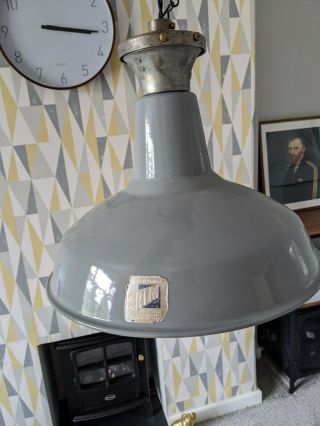 Vintage Industrial Factory Light Pendant Grey Enamel 1950s Benjamin Rlm